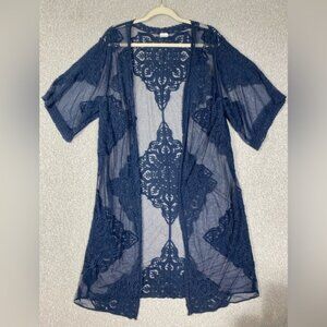 Lace duster navy blue lightweight stretchy mesh with boho embroidery